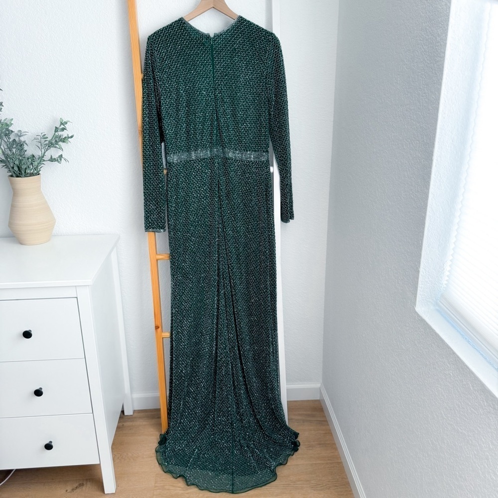 Mac Duggal Evening 5056 Long Sleeve Beaded High Slit Gown Green Beaded NEW - Picture 5 of 14